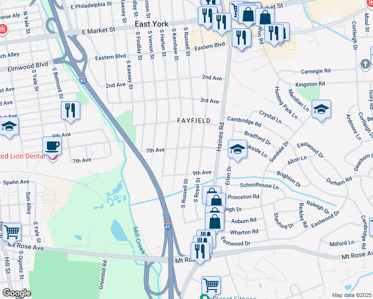 map of restaurants, bars, coffee shops, grocery stores, and more near 700 South Russell Street in East York