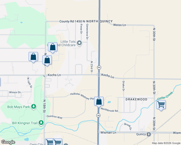 map of restaurants, bars, coffee shops, grocery stores, and more near 2321 Kochs Lane in Quincy