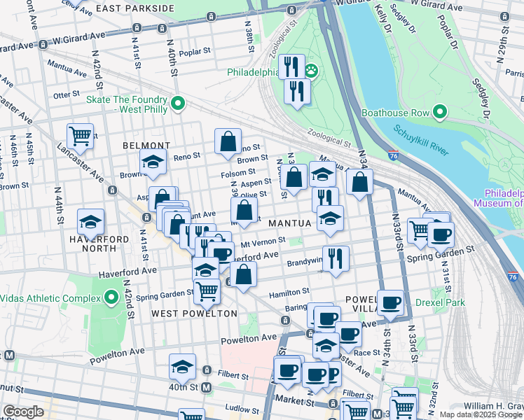 map of restaurants, bars, coffee shops, grocery stores, and more near 3822 Fairmount Avenue in Philadelphia