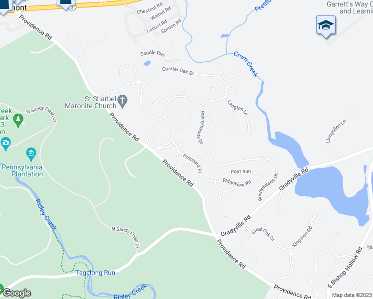 map of restaurants, bars, coffee shops, grocery stores, and more near 1 Pritchard Place in Newtown Square