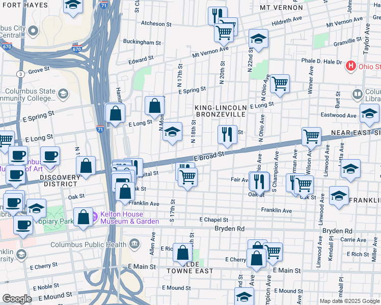 map of restaurants, bars, coffee shops, grocery stores, and more near 926 East Broad Street in Columbus