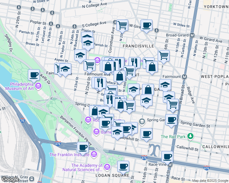 map of restaurants, bars, coffee shops, grocery stores, and more near 1932 Mount Vernon Street in Philadelphia