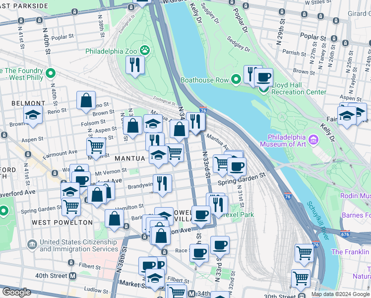map of restaurants, bars, coffee shops, grocery stores, and more near 3401 Wallace Street in Philadelphia