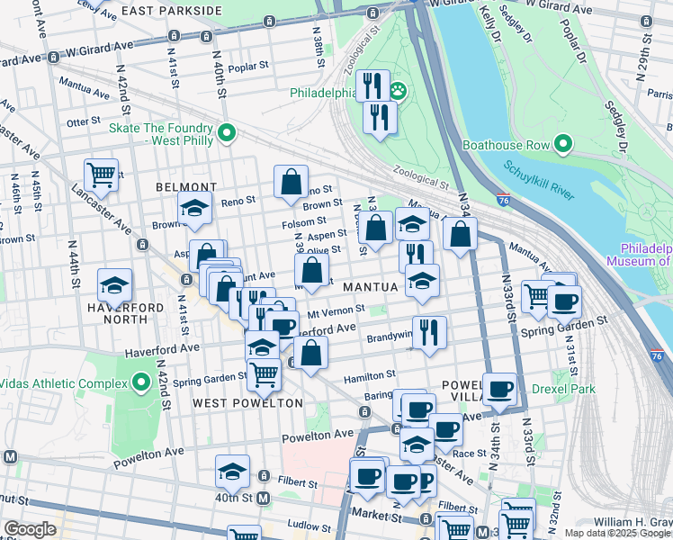 map of restaurants, bars, coffee shops, grocery stores, and more near 3820 Fairmount Avenue in Philadelphia