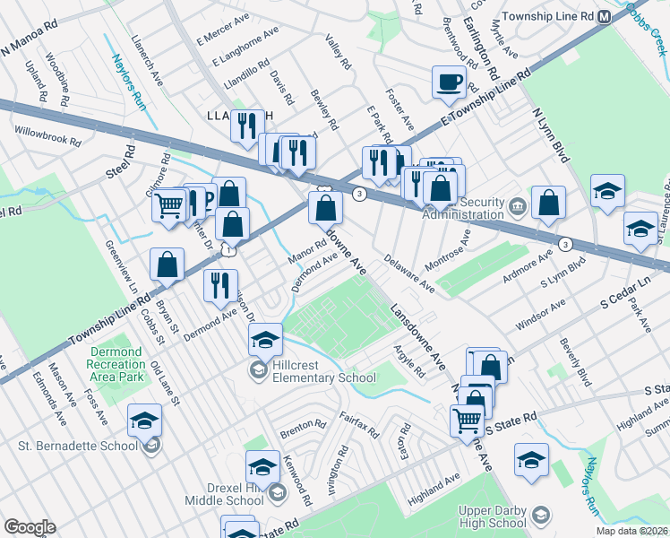 map of restaurants, bars, coffee shops, grocery stores, and more near 2200 Dermond Avenue in Delaware County