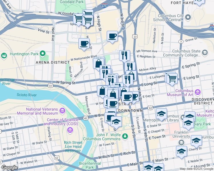 map of restaurants, bars, coffee shops, grocery stores, and more near 170 North High Street in Columbus