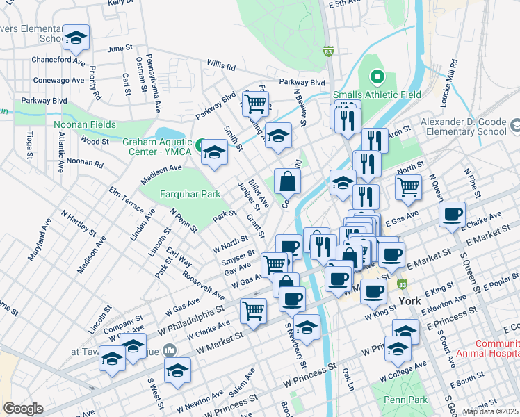 map of restaurants, bars, coffee shops, grocery stores, and more near 413 Juniper Street in York