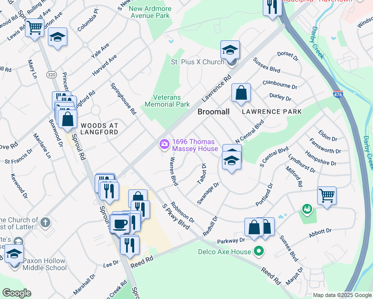 map of restaurants, bars, coffee shops, grocery stores, and more near 368 Westfield Drive in Broomall