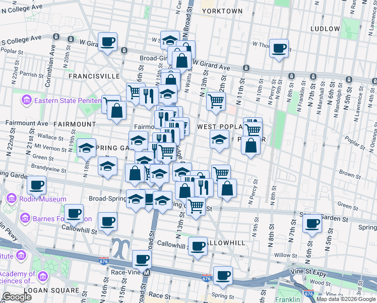map of restaurants, bars, coffee shops, grocery stores, and more near 638 North 13th Street in Philadelphia