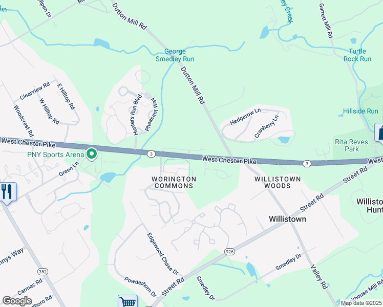 map of restaurants, bars, coffee shops, grocery stores, and more near 1713 West Chester Pike in West Chester