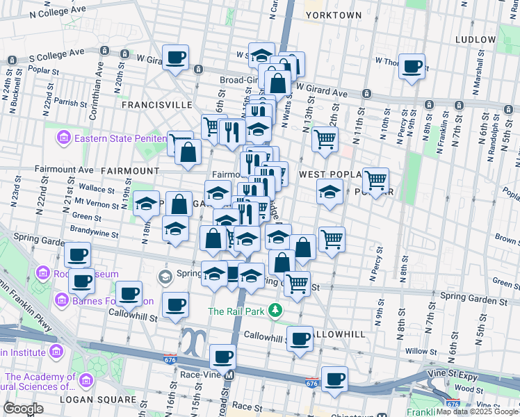 map of restaurants, bars, coffee shops, grocery stores, and more near 665 North Broad Street in Philadelphia