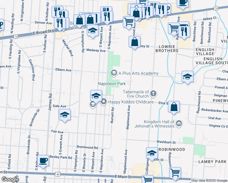 map of restaurants, bars, coffee shops, grocery stores, and more near 328 Barnett Road in Columbus