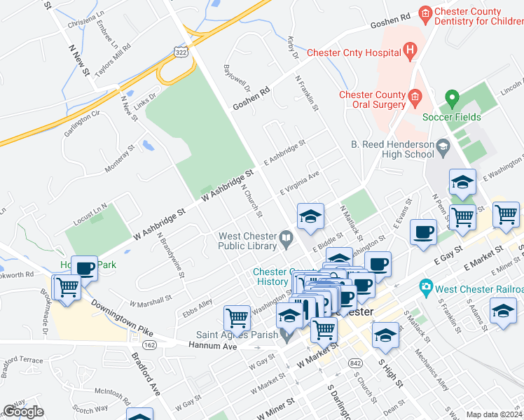 map of restaurants, bars, coffee shops, grocery stores, and more near 539 North Church Street in West Chester