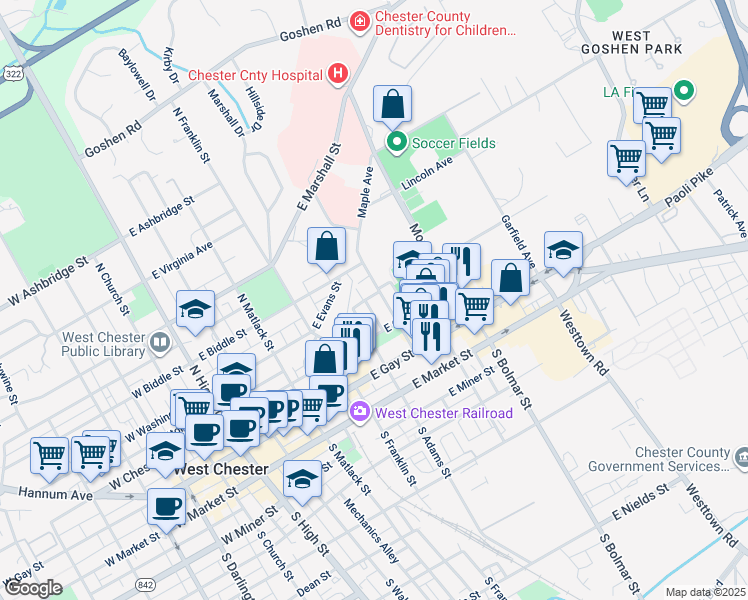 map of restaurants, bars, coffee shops, grocery stores, and more near 222 North Penn Street in West Chester
