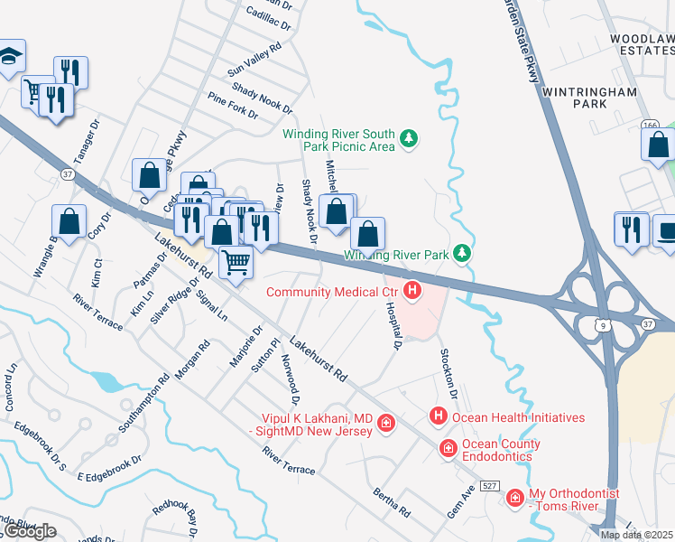 map of restaurants, bars, coffee shops, grocery stores, and more near 129 Little League World Champions Boulevard in Toms River