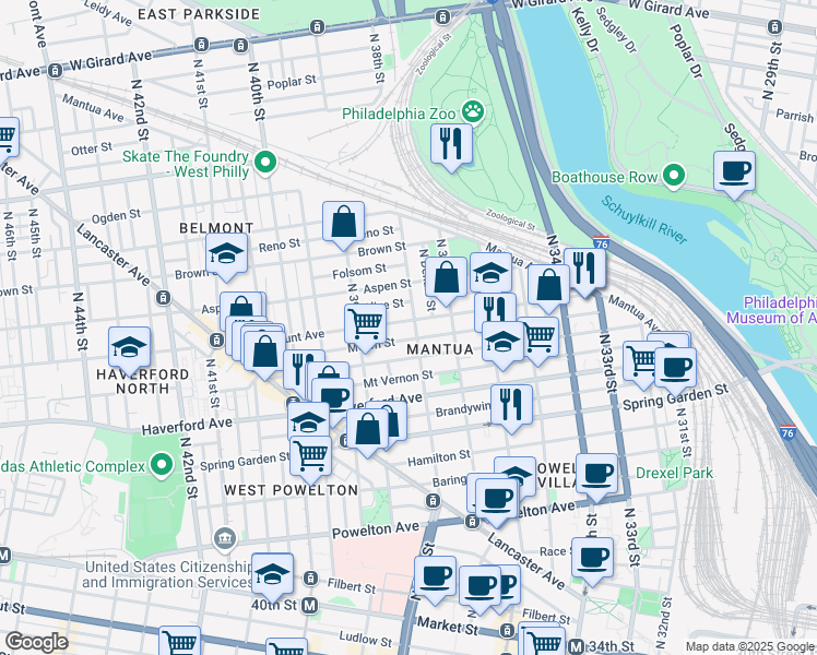 map of restaurants, bars, coffee shops, grocery stores, and more near 3806 Fairmount Avenue in Philadelphia