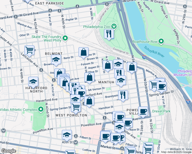 map of restaurants, bars, coffee shops, grocery stores, and more near 3822 Fairmount Avenue in Philadelphia