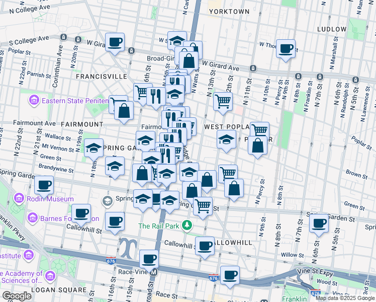 map of restaurants, bars, coffee shops, grocery stores, and more near 1347 Ridge Avenue in Philadelphia