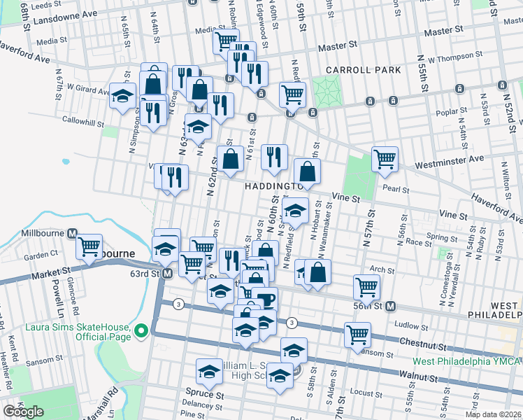 map of restaurants, bars, coffee shops, grocery stores, and more near 229 North 61st Street in Philadelphia