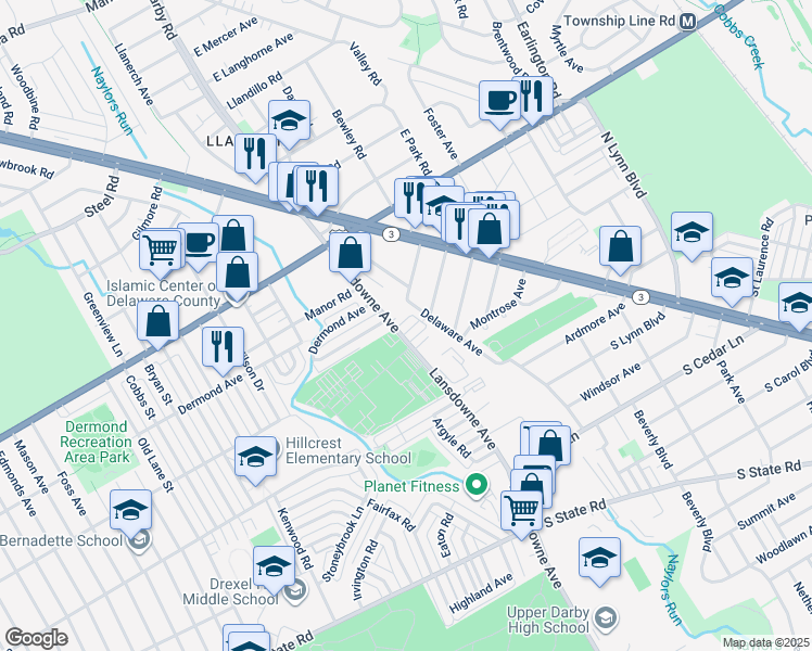 map of restaurants, bars, coffee shops, grocery stores, and more near 81 South Harwood Avenue in Upper Darby