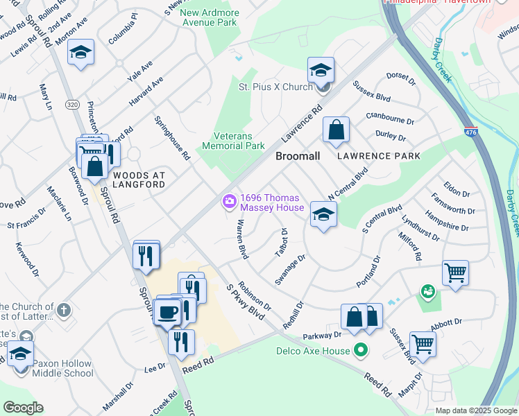 map of restaurants, bars, coffee shops, grocery stores, and more near 368 Westfield Drive in Broomall