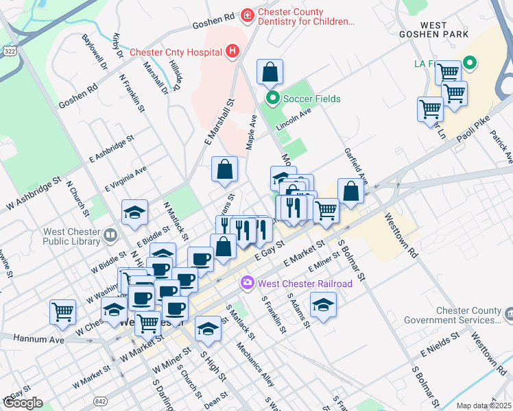 map of restaurants, bars, coffee shops, grocery stores, and more near 222 North Penn Street in West Chester