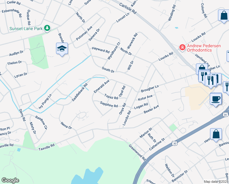 map of restaurants, bars, coffee shops, grocery stores, and more near 2418 Amethyst Road in York