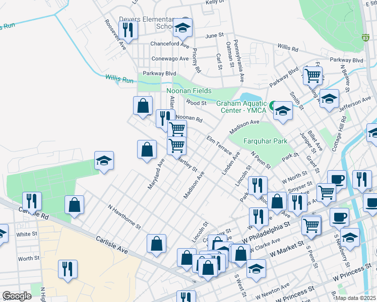 map of restaurants, bars, coffee shops, grocery stores, and more near 708 Roosevelt Avenue in York