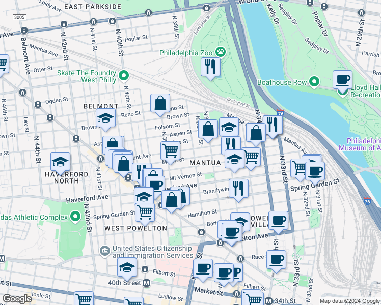 map of restaurants, bars, coffee shops, grocery stores, and more near 3806 Fairmount Avenue in Philadelphia
