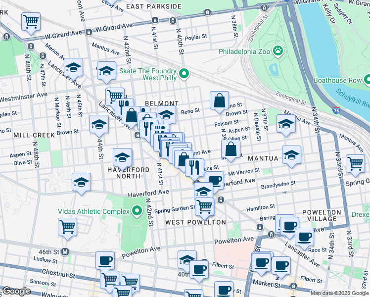 map of restaurants, bars, coffee shops, grocery stores, and more near 717 North Preston Street in Philadelphia