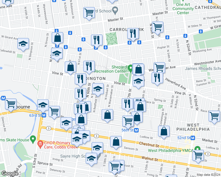 map of restaurants, bars, coffee shops, grocery stores, and more near 236 North Wanamaker Street in Philadelphia