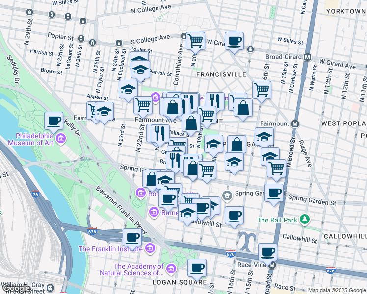 map of restaurants, bars, coffee shops, grocery stores, and more near 1932 Mount Vernon Street in Philadelphia