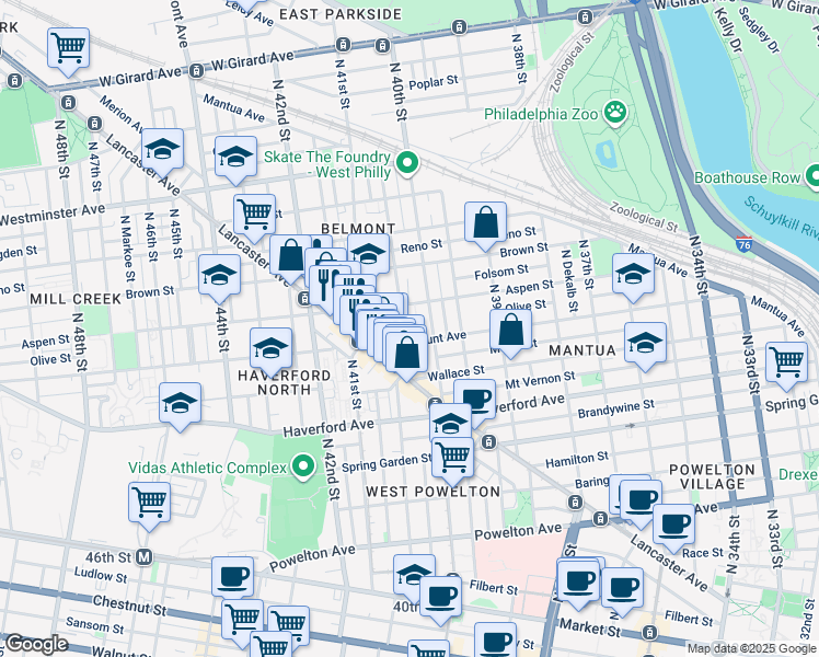 map of restaurants, bars, coffee shops, grocery stores, and more near 717 North Preston Street in Philadelphia