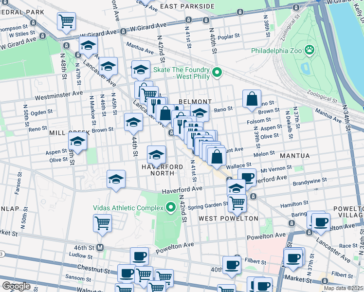 map of restaurants, bars, coffee shops, grocery stores, and more near 4142 Lancaster Avenue in Philadelphia