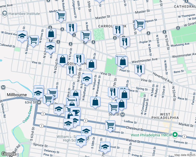 map of restaurants, bars, coffee shops, grocery stores, and more near 236 North Wanamaker Street in Philadelphia