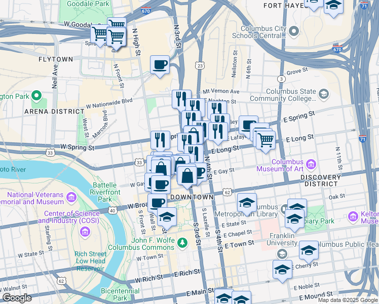 map of restaurants, bars, coffee shops, grocery stores, and more near 104 East Long Street in Columbus