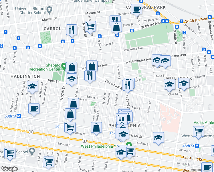 map of restaurants, bars, coffee shops, grocery stores, and more near 315 North 54th Street in Philadelphia