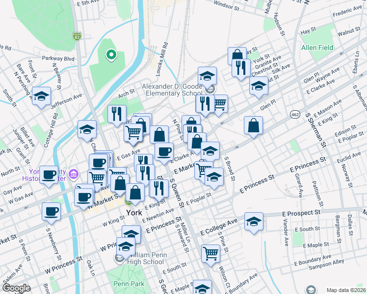 map of restaurants, bars, coffee shops, grocery stores, and more near 301 East Philadelphia Street in York
