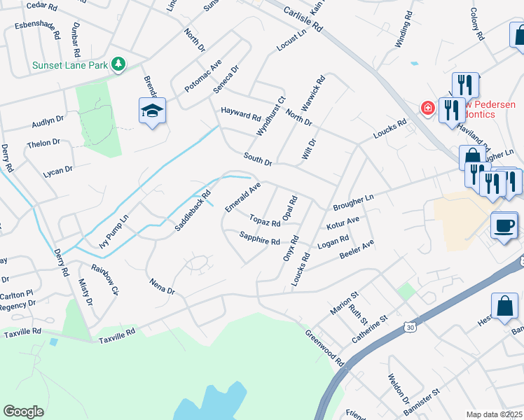 map of restaurants, bars, coffee shops, grocery stores, and more near 2419 Amethyst Road in York