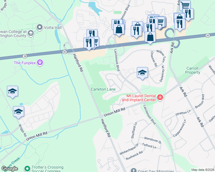 map of restaurants, bars, coffee shops, grocery stores, and more near 210 Carleton Lane in Mount Laurel Township