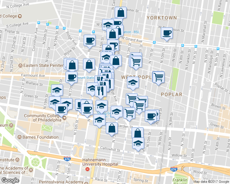 map of restaurants, bars, coffee shops, grocery stores, and more near 1347 Ridge Avenue in Philadelphia