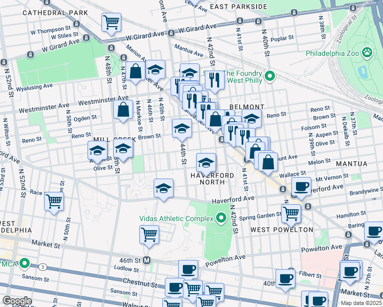 map of restaurants, bars, coffee shops, grocery stores, and more near 4314 Aspen Street in Philadelphia