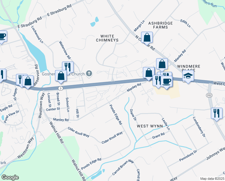 map of restaurants, bars, coffee shops, grocery stores, and more near 522 Summit House in West Chester