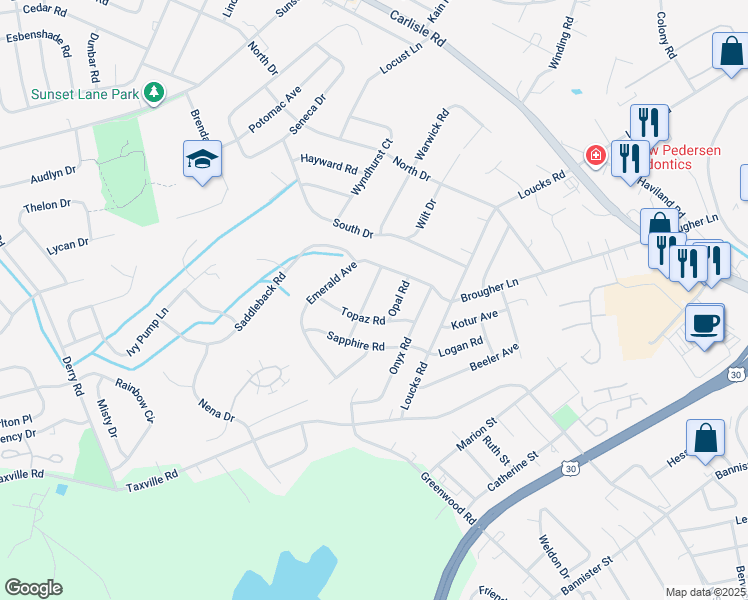 map of restaurants, bars, coffee shops, grocery stores, and more near 2418 Amethyst Road in York