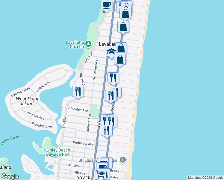 map of restaurants, bars, coffee shops, grocery stores, and more near 1606 Grand Central Avenue in Lavallette