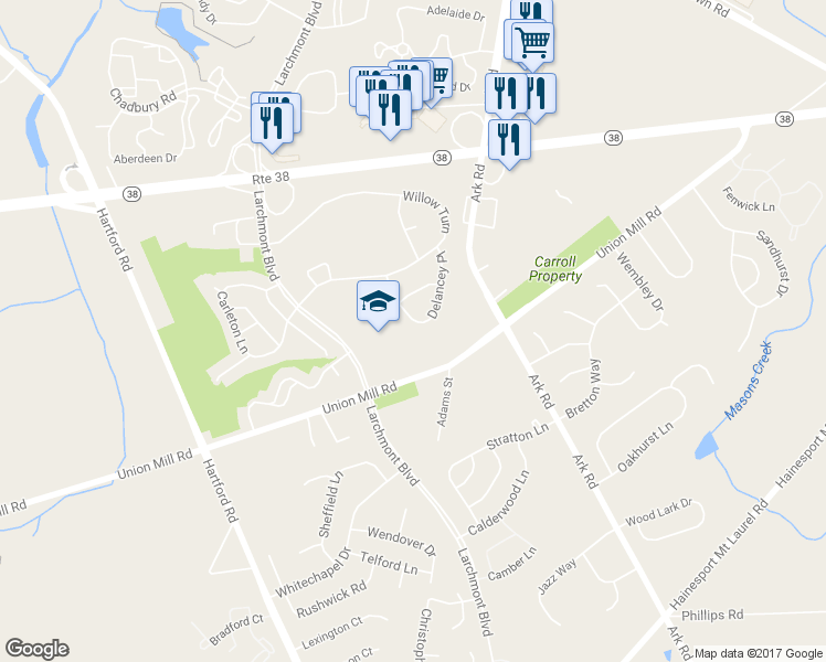map of restaurants, bars, coffee shops, grocery stores, and more near 313B Delancey Place in Mount Laurel Township