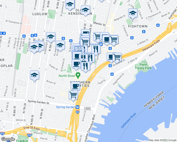 map of restaurants, bars, coffee shops, grocery stores, and more near 1019 Germantown Avenue in Philadelphia
