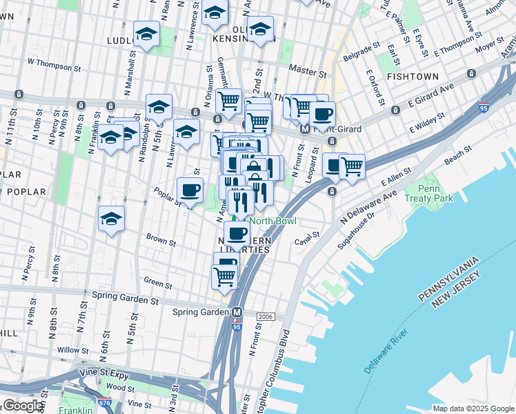 map of restaurants, bars, coffee shops, grocery stores, and more near 1010 North Hancock Street in Philadelphia