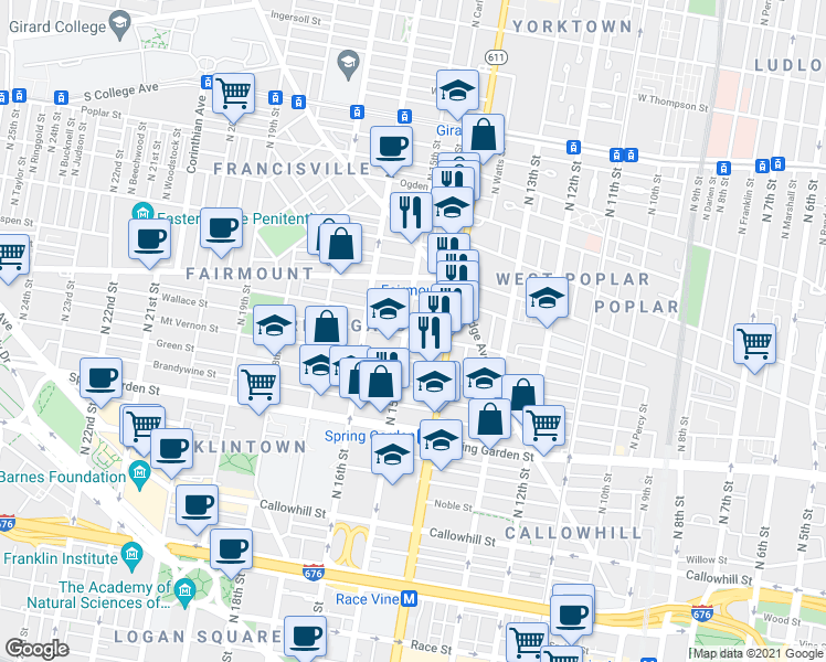 map of restaurants, bars, coffee shops, grocery stores, and more near 655 North 15th Street in Philadelphia