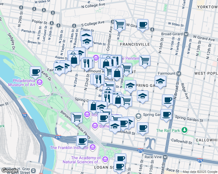 map of restaurants, bars, coffee shops, grocery stores, and more near 2002 Mount Vernon Street in Philadelphia